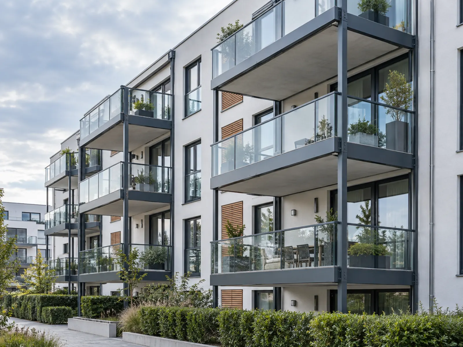 Vorbaubalkon aus Stahl mit modernem Geländer an einem Wohnhaus