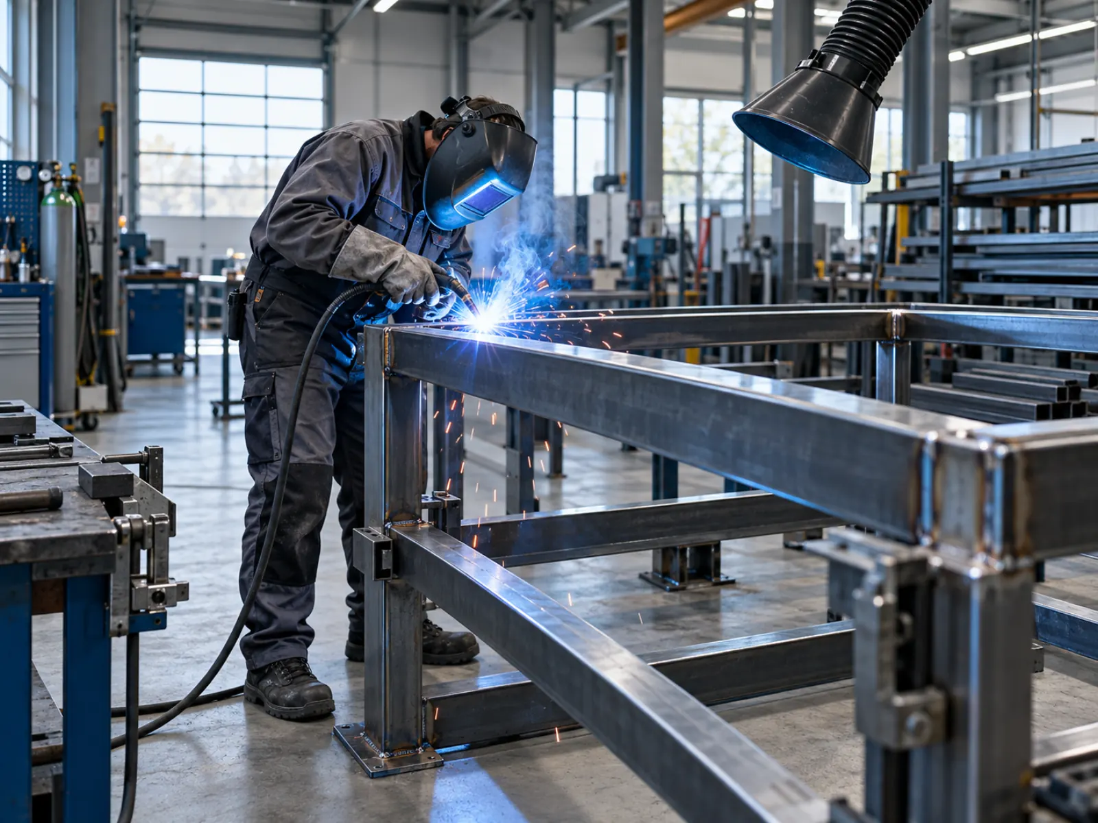 Metallbauer bei präziser Schweißarbeit in der Werkstatt in Dortmund
